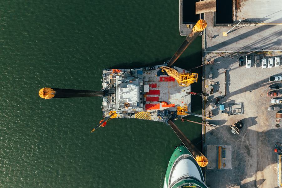 Aerial view of a lift vessel alongside a quay